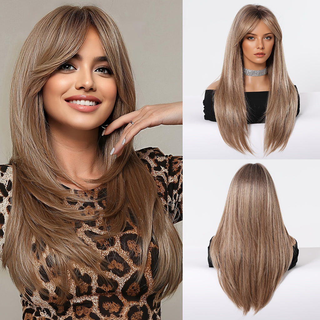 24-Inch Mixed Brown Synthetic Hair with Bangs | Layered Fashion Wig, Suitable for Women, Ideal for Daily Wear, Holidays, and Family Gatherings | Brand: DOFAMI