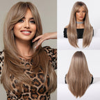 24-Inch Mixed Brown Synthetic Hair with Bangs | Layered Fashion Wig, Suitable for Women, Ideal for Daily Wear, Holidays, and Family Gatherings | Brand: DOFAMI
