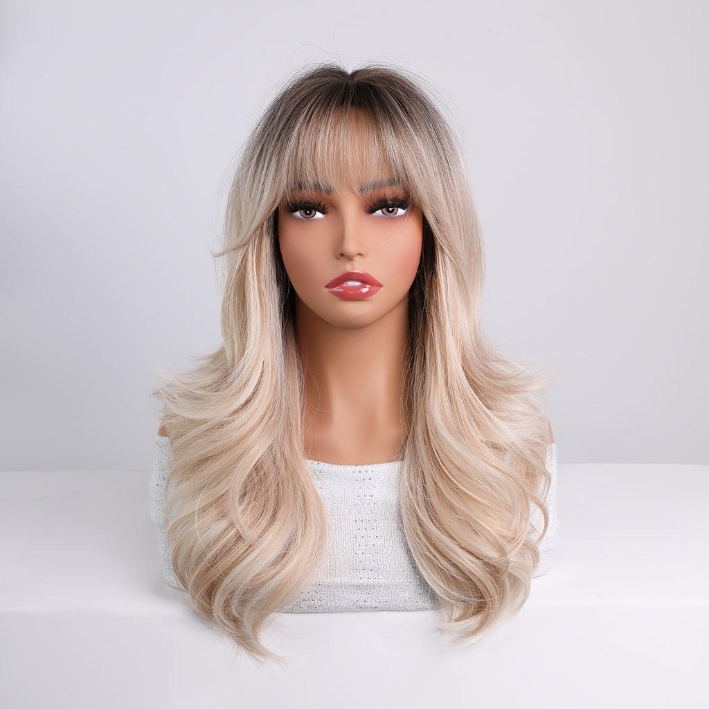 18-inch Medium-Length Gradient Brown-Golden Curly Wig with Bangs | Heat-Resistant Synthetic Hair Suitable for Women, Ideal for Daily Wear, Parties, Valentine'S Day, and Vacations