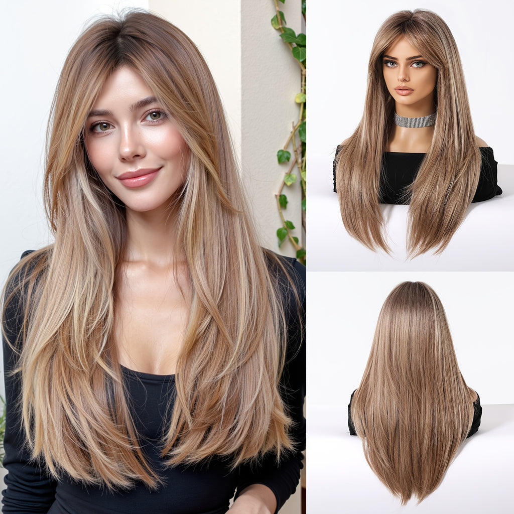 24-Inch Mixed Brown Synthetic Hair with Bangs | Layered Fashion Wig, Suitable for Women, Ideal for Daily Wear, Holidays, and Family Gatherings | Brand: DOFAMI