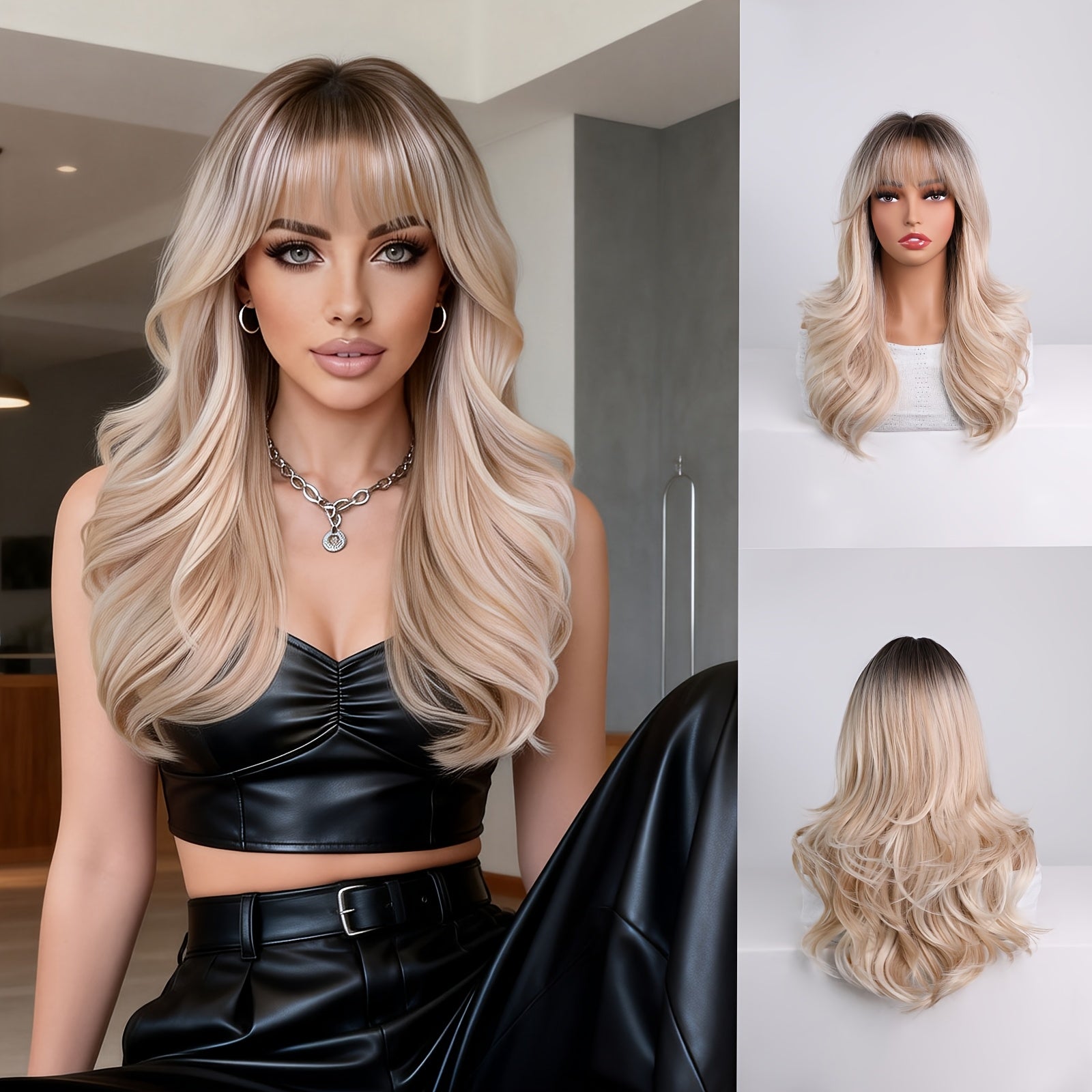 18-inch Medium-Length Gradient Brown-Golden Curly Wig with Bangs | Heat-Resistant Synthetic Hair Suitable for Women, Ideal for Daily Wear, Parties, Valentine'S Day, and Vacations