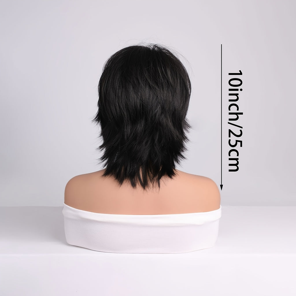 10-inch Elegant Black Short Hair, a Beautiful Daily Wig for Ladies, Made of Synthetic Fiber. Suitable for Vacations, Daily Use, and Fashion Styles, This Synthetic Fiber Wig Is Also Applicable to Music Festivals and Carnivals.