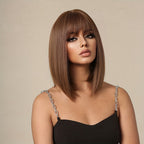 14 Inch Long Straight Brown Synthetic Wigs with Bangs | Women'S Wig for Daily Use, Party, Cosplay, Photos, High Temperature Fiber, Rose Net - LC1052-2