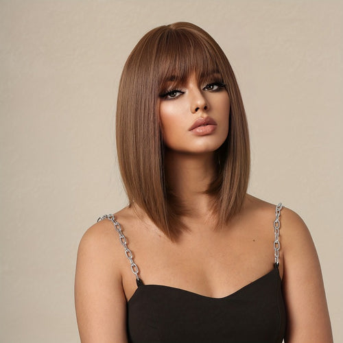 14 Inch Long Straight Brown Synthetic Wigs with Bangs | Women'S Wig for Daily Use, Party, Cosplay, Photos, High Temperature Fiber, Rose Net - LC1052-2