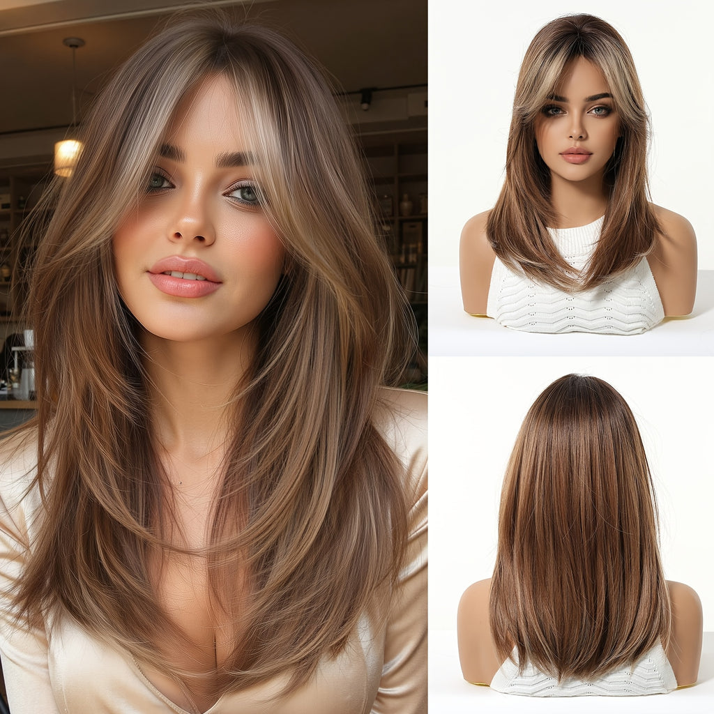 16 Inch Women's White & Golden Highlights Wig - Full Head Straight Hair with Bangs, -Resistant Synthetic Fiber for Cosplay, Daily Use Suitable for Work\u002FSchool, Volume & Scalp Coverage (No Visible)