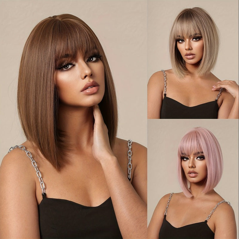 14 Inch Long Straight Brown Synthetic Wigs with Bangs | Women'S Wig for Daily Use, Party, Cosplay, Photos, High Temperature Fiber, Rose Net - LC1052-2