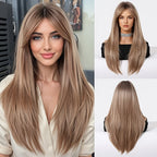 24-Inch Mixed Brown Synthetic Hair with Bangs | Layered Fashion Wig, Suitable for Women, Ideal for Daily Wear, Holidays, and Family Gatherings | Brand: DOFAMI