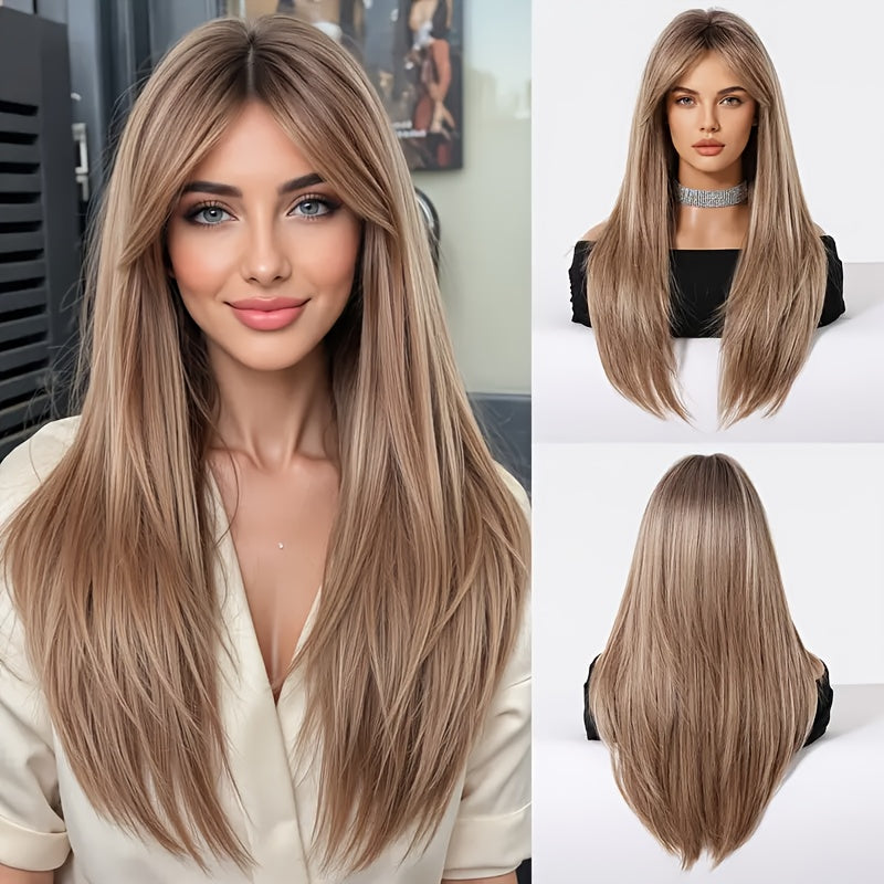 24-Inch Mixed Brown Synthetic Hair with Bangs | Layered Fashion Wig, Suitable for Women, Ideal for Daily Wear, Holidays, and Family Gatherings | Brand: DOFAMI