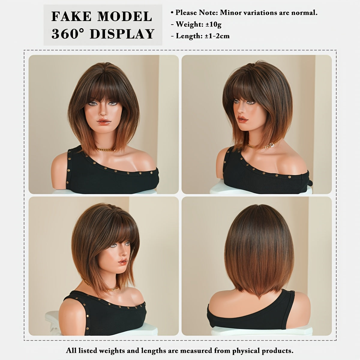 NAMM Women' Short Straight Bob Wig Glueless Heat-Resistant Synthetic Hair Suitable for Skin Tones, -Looking Density & Neat Bangs, Ombre Golden Brown Wig for Cosplay, Parties, Daily Wear - European 12Inches