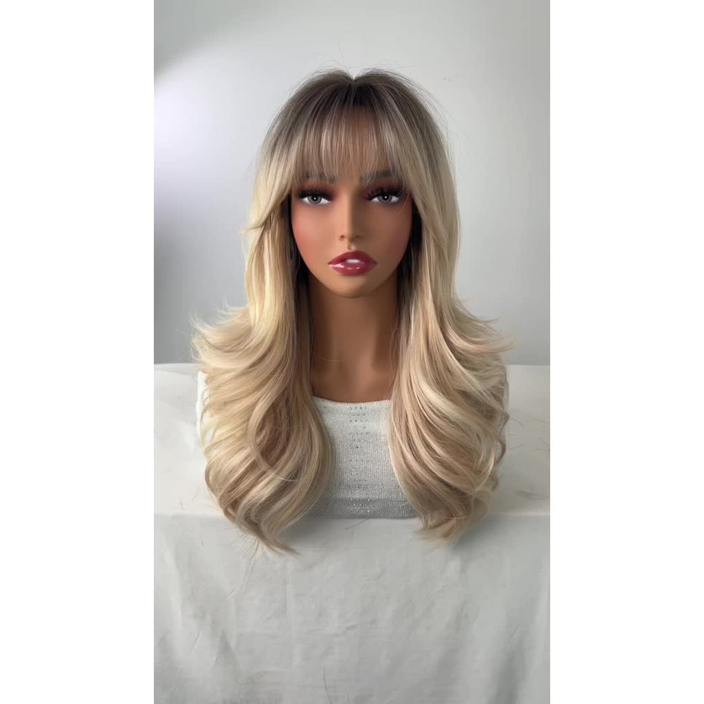 18-inch Medium-Length Gradient Brown-Golden Curly Wig with Bangs | Heat-Resistant Synthetic Hair Suitable for Women, Ideal for Daily Wear, Parties, Valentine'S Day, and Vacations