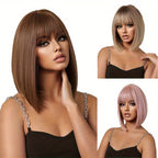 14 Inch Long Straight Brown Synthetic Wigs with Bangs | Women'S Wig for Daily Use, Party, Cosplay, Photos, High Temperature Fiber, Rose Net - LC1052-2