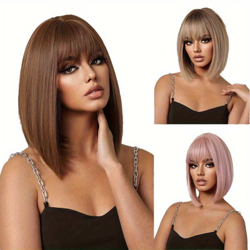 14 Inch Long Straight Brown Synthetic Wigs with Bangs | Women'S Wig for Daily Use, Party, Cosplay, Photos, High Temperature Fiber, Rose Net - LC1052-2