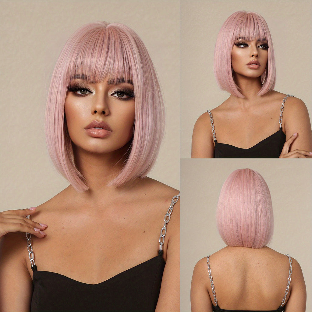 14 Inch Long Straight Brown Synthetic Wigs with Bangs | Women'S Wig for Daily Use, Party, Cosplay, Photos, High Temperature Fiber, Rose Net - LC1052-2