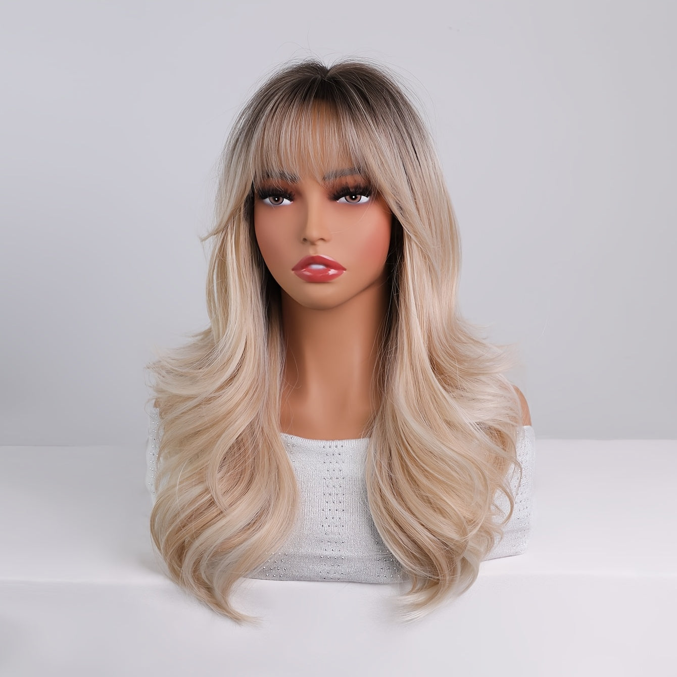 18-inch Medium-Length Gradient Brown-Golden Curly Wig with Bangs | Heat-Resistant Synthetic Hair Suitable for Women, Ideal for Daily Wear, Parties, Valentine'S Day, and Vacations