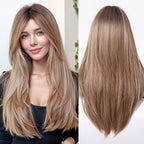 24-Inch Mixed Brown Synthetic Hair with Bangs | Layered Fashion Wig, Suitable for Women, Ideal for Daily Wear, Holidays, and Family Gatherings | Brand: DOFAMI