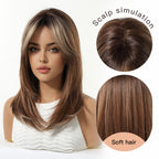 16 Inch Women's White & Golden Highlights Wig - Full Head Straight Hair with Bangs, -Resistant Synthetic Fiber for Cosplay, Daily Use Suitable for Work\u002FSchool, Volume & Scalp Coverage (No Visible)