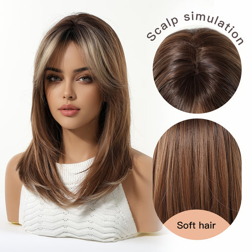 16 Inch Women's White & Golden Highlights Wig - Full Head Straight Hair with Bangs, -Resistant Synthetic Fiber for Cosplay, Daily Use Suitable for Work\u002FSchool, Volume & Scalp Coverage (No Visible)