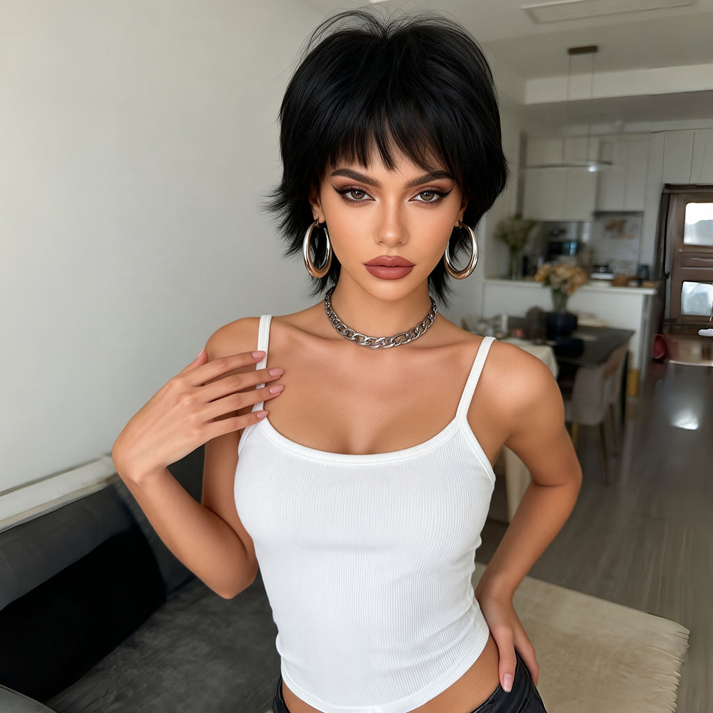 10-inch Elegant Black Short Hair, a Beautiful Daily Wig for Ladies, Made of Synthetic Fiber. Suitable for Vacations, Daily Use, and Fashion Styles, This Synthetic Fiber Wig Is Also Applicable to Music Festivals and Carnivals.