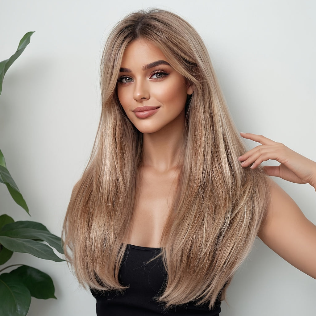 24-Inch Mixed Brown Synthetic Hair with Bangs | Layered Fashion Wig, Suitable for Women, Ideal for Daily Wear, Holidays, and Family Gatherings | Brand: DOFAMI