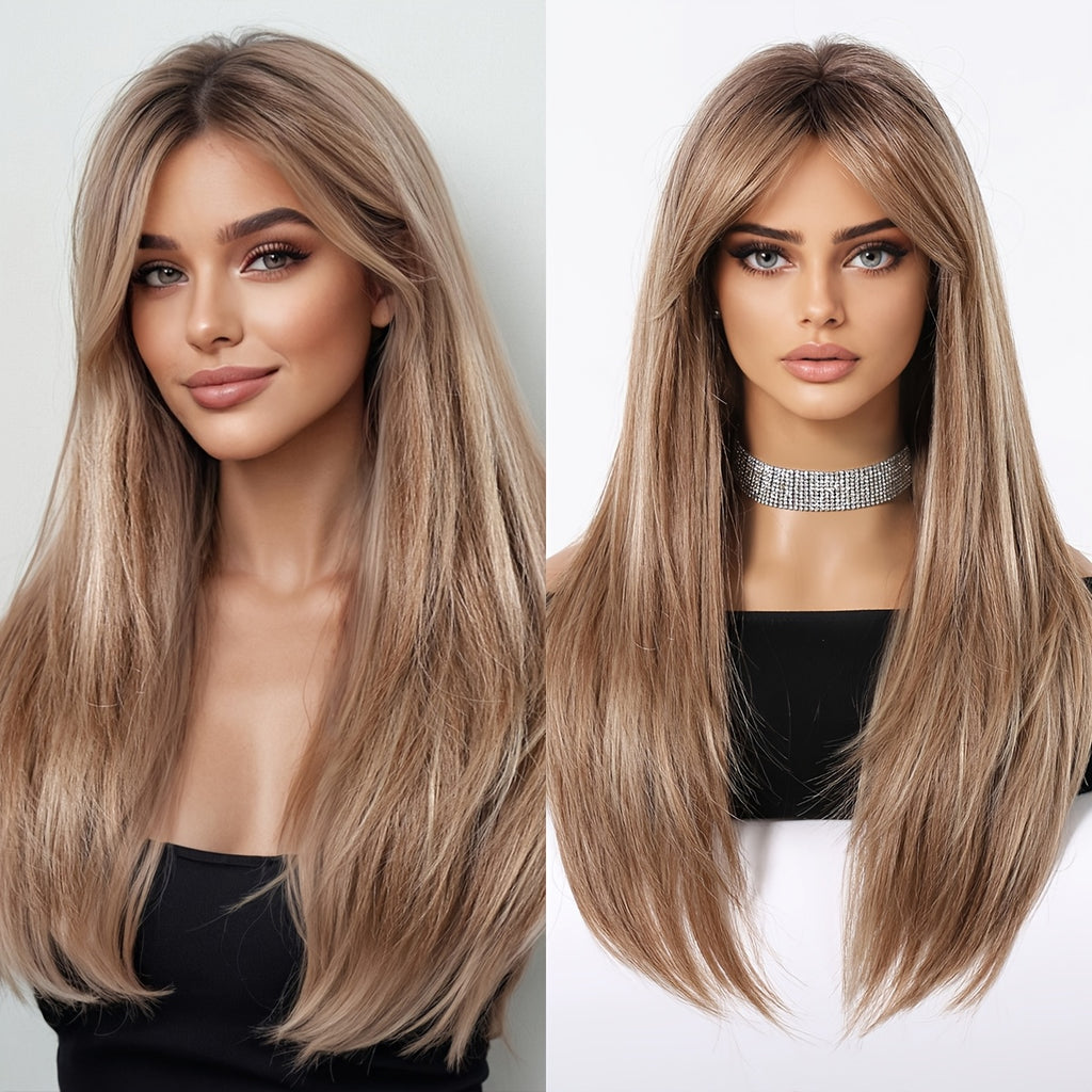 24-Inch Mixed Brown Synthetic Hair with Bangs | Layered Fashion Wig, Suitable for Women, Ideal for Daily Wear, Holidays, and Family Gatherings | Brand: DOFAMI