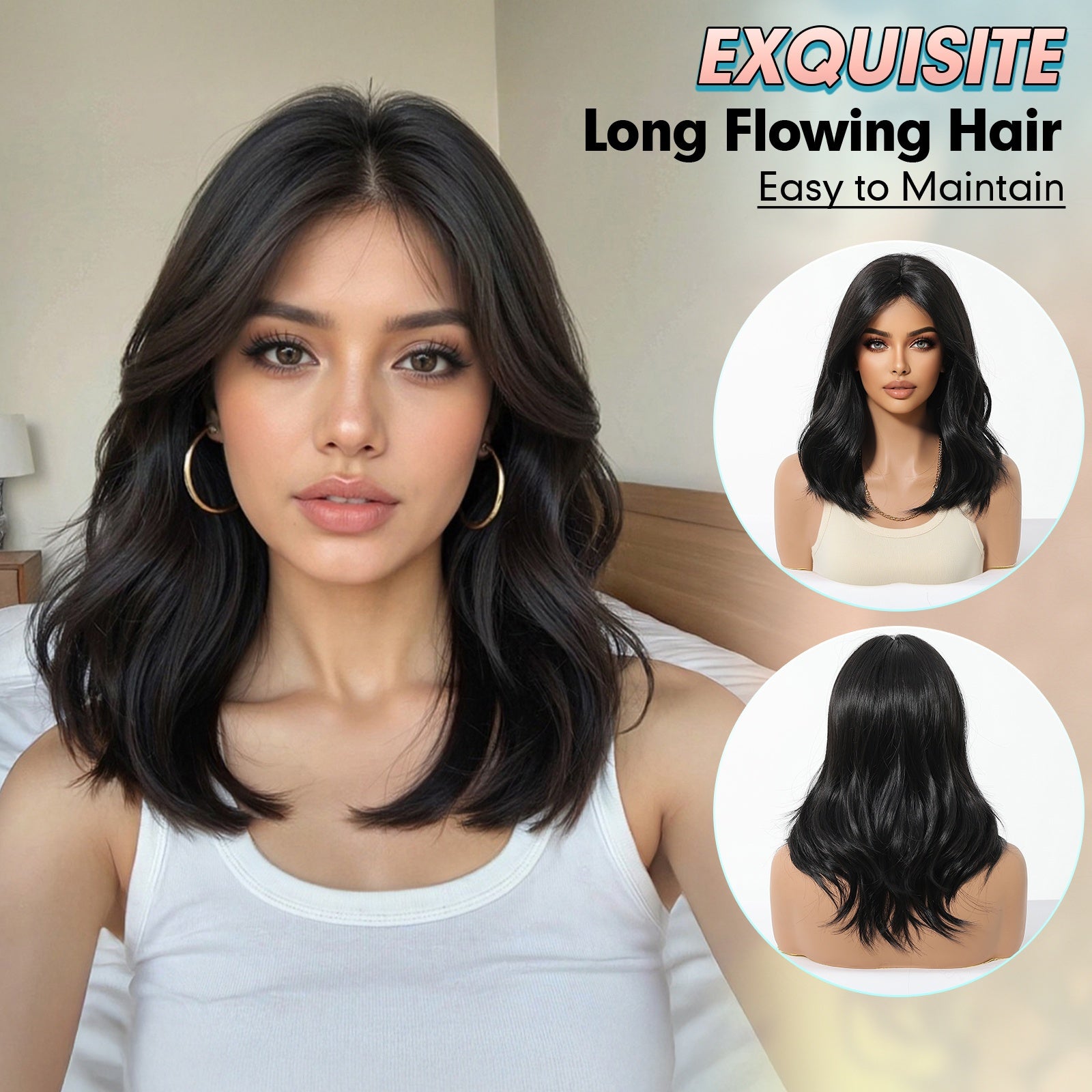 20 Inch Black Curly Wig with Figure-of-Eight Bangs; Wigs for Women, Carnival; Kpop, K Pop; Y2k; Cosplay; Fluffy Hair Net; Festive Atmosphere; Musthave for Beginners; Rose Net Hat; Comfortable to Wear; Matte High Temperature ; Unique Wig