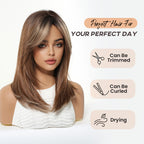 16 Inch Women's White & Golden Highlights Wig - Full Head Straight Hair with Bangs, -Resistant Synthetic Fiber for Cosplay, Daily Use Suitable for Work\u002FSchool, Volume & Scalp Coverage (No Visible)