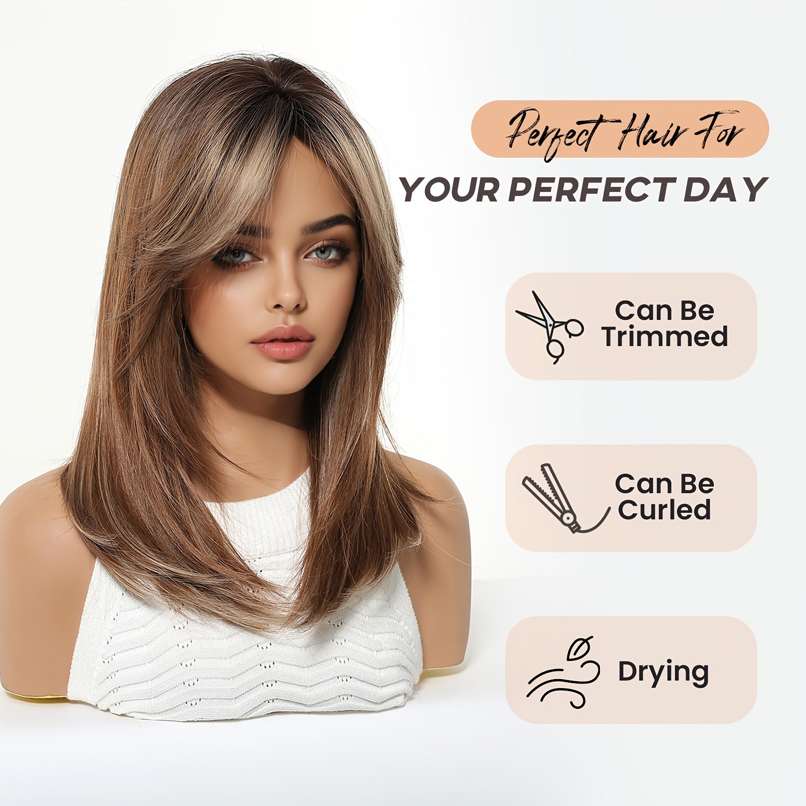 16 Inch Women's White & Golden Highlights Wig - Full Head Straight Hair with Bangs, -Resistant Synthetic Fiber for Cosplay, Daily Use Suitable for Work\u002FSchool, Volume & Scalp Coverage (No Visible)